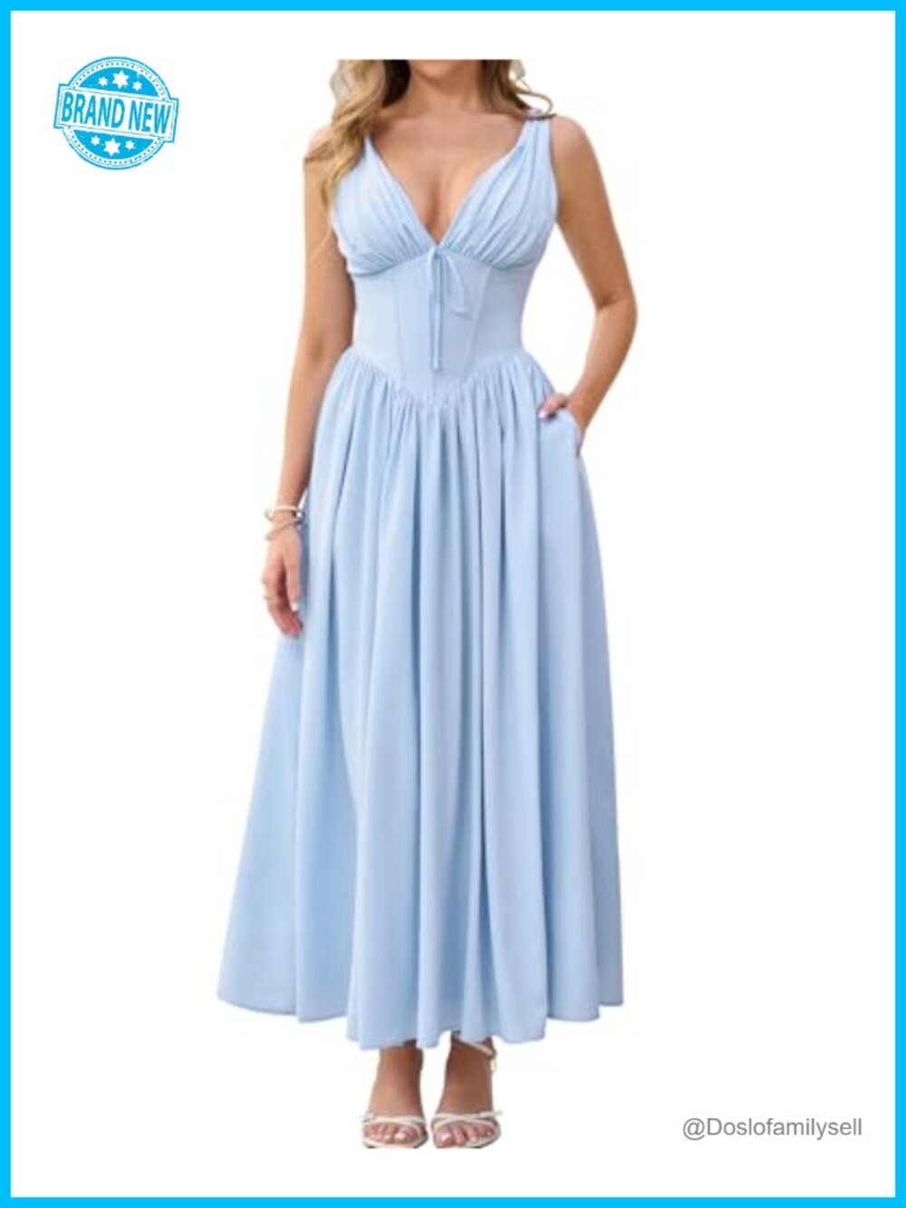 Midi Dress with Pockets V-Neck Sleeveless A-Line Wedding Guest